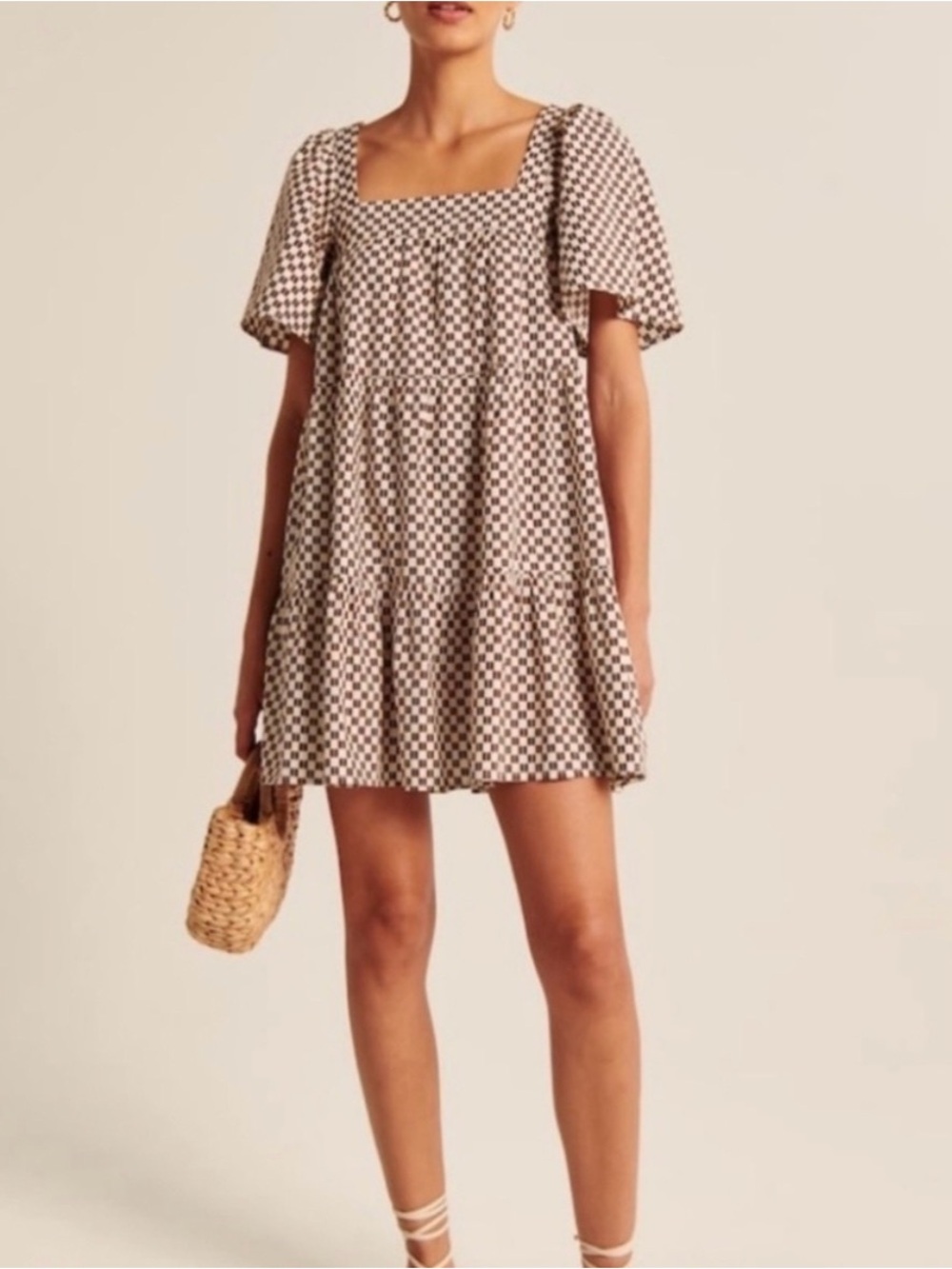 Abercrombie & Fitch Angel Sleeve Trapeze Mini Dress Brown Checkered Size Medium - Picture 2 of 7